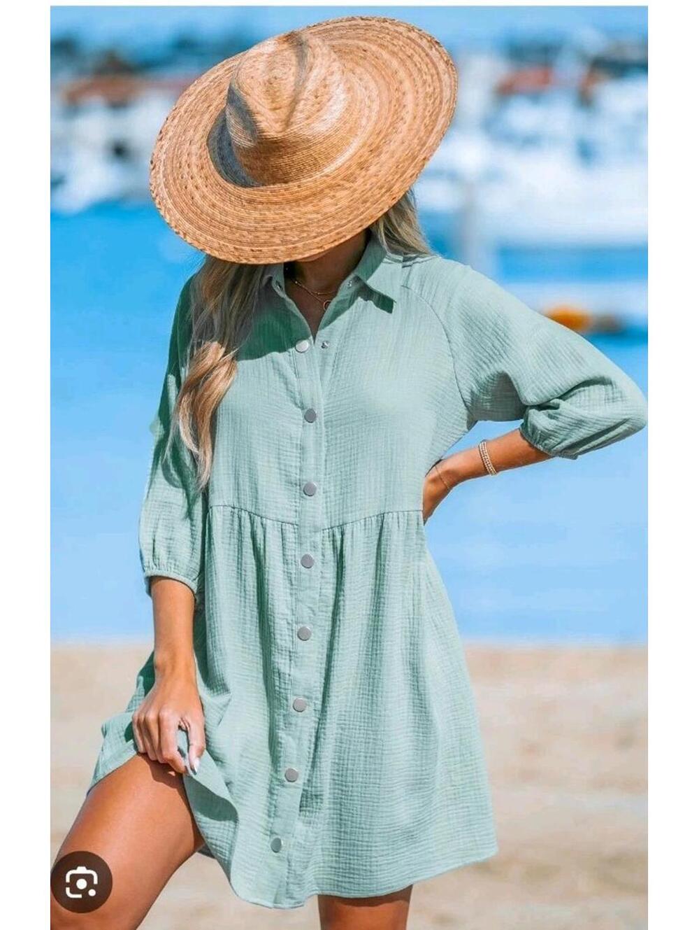 APEACH Teel Green Collared Button-Up Mini Dress Cotton XL Lightweight